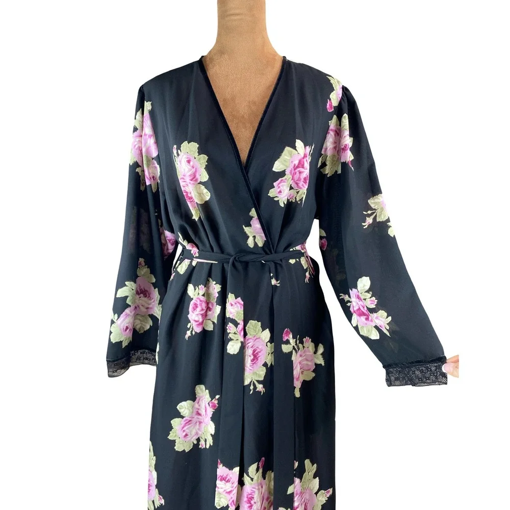 Vintage Oscar de la Renta Pink Label Floral Wrap Robe Rose Chiffon Lace Maxi M